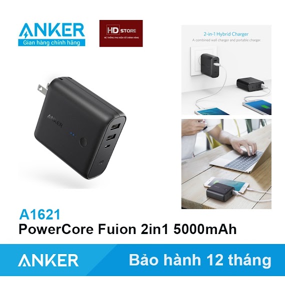 Sạc Dự Phòng Anker 5000Mah Fusion 2In1 - A1621 Sạc Nhanh 12W Sạc Tường Kiêm Pin Dự Phòng