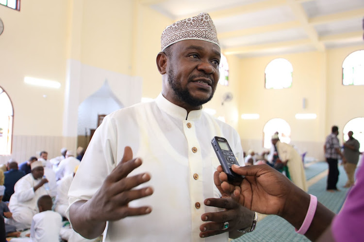 Jomvu MP Badi Twalib at the Jamia Mosque Mikindani on Friday.