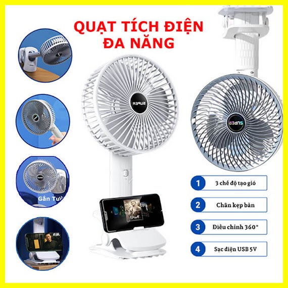 Quạt Tích Điện Để Bàn Xoay 360 Độ Super, Quạt Kẹp Bàn, Kẹp Xe Nôi Xe Đẩy 3 Tốc Độ Gió Kiêm Giá Đỡ Điện Thoại - Mst - A1