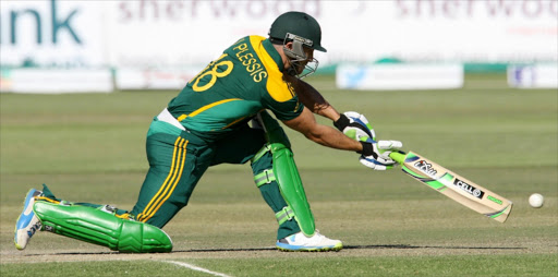 South African batsman Faf du Plessis plays a shot during a one-day international triangular series cricket match between Australia and South Africa at the Harare Sports Club on September 2, 2014.