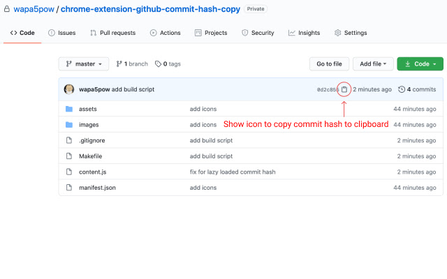 GitHub commit hash copy chrome extension