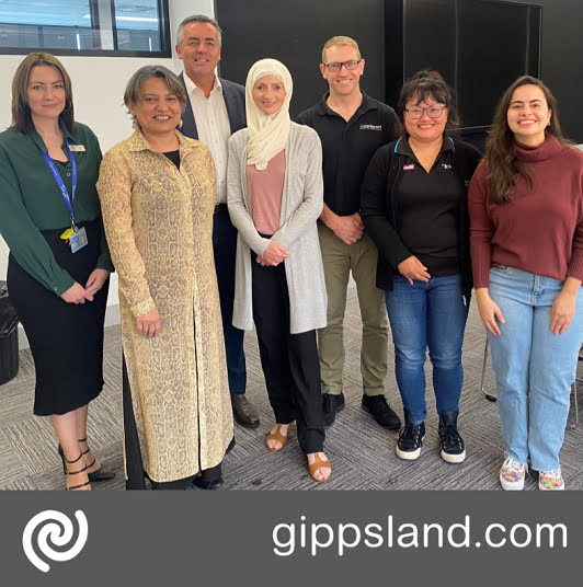 Local MP Darren Chester with (L-R) Sandy Hegarty, Executive Officer, Latrobe Youth Space, Farhat Firdous, Strategic Engagement Coordinator, Latrobe Community Health Service, Aisha Alim, United Muslim Sisters of Latrobe Valley, Dan Poynton, Executive Officer, GippSport, Den Lim, Community Programs Coordinator, GippSport and Julia Rovery, Project Officer, Centre for Multicultural Youth