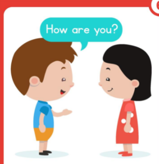 A male and female student face each other. The boy asks, "How are you?".