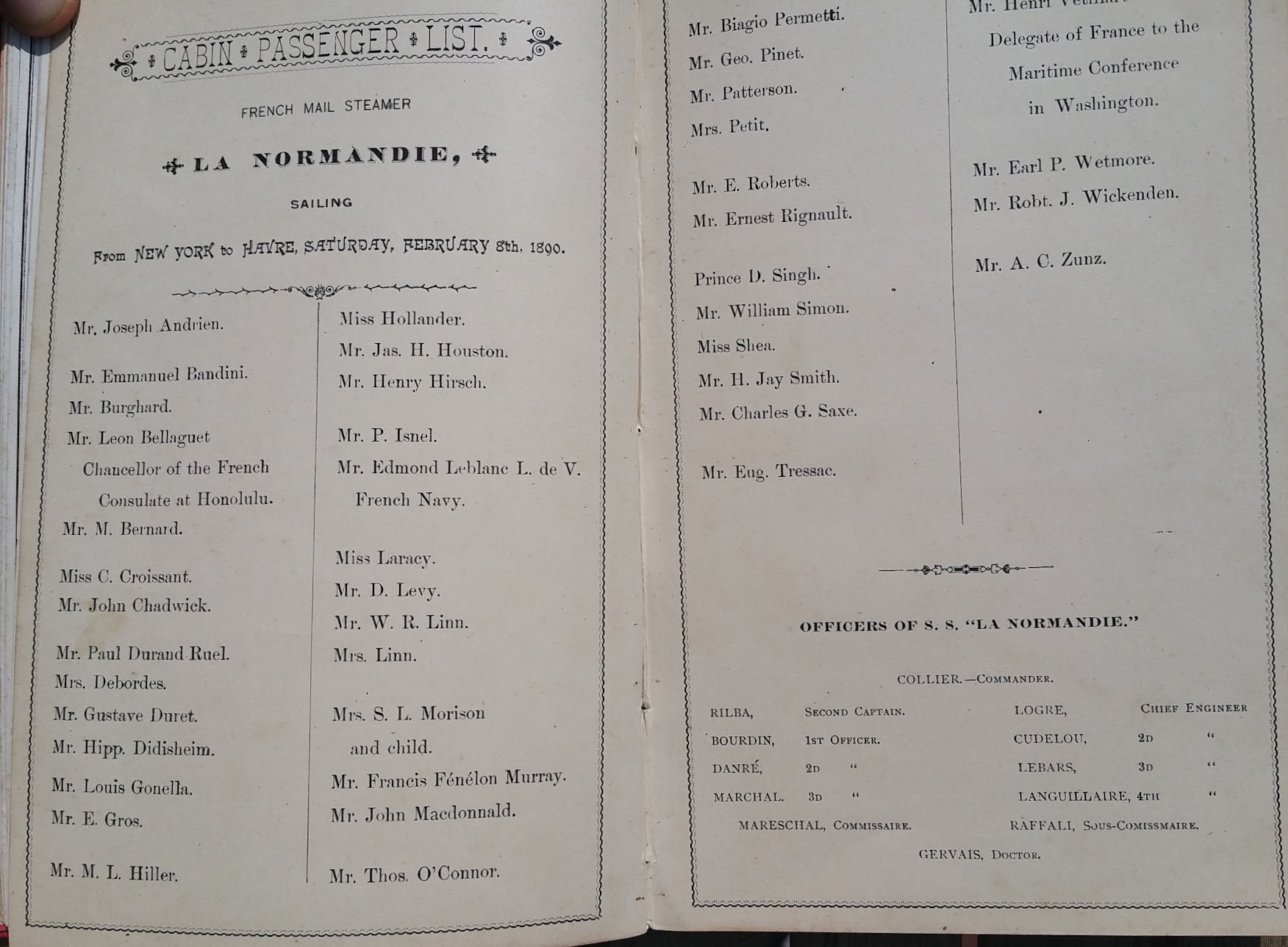 Compagnie Generale Transatlantique, New York - Le Havre - Paris, Passagierliste 1890 - La Normandie