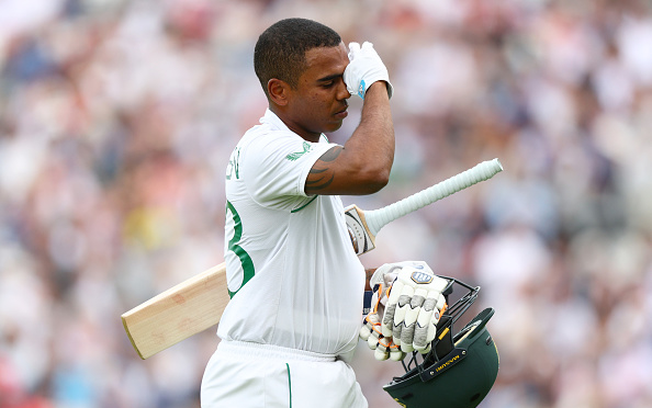 Keegan Petersen of South Africa reacts after being dismissed by James Anderson of England during day four of the third Test at The Oval in London.