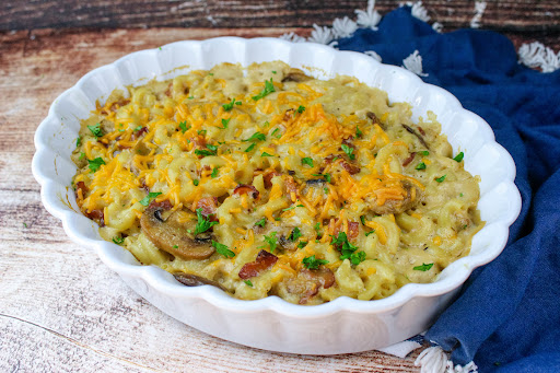 Bacon Mushroom Noodle Casserole ready to serve.