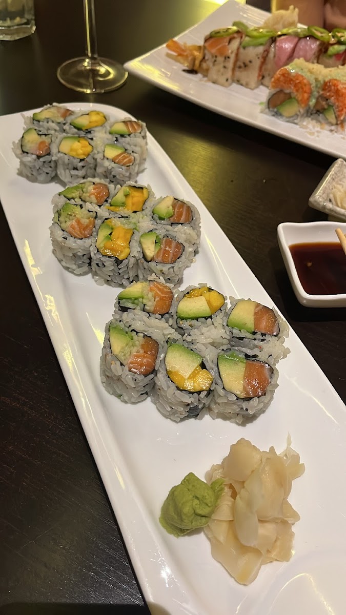 Mango avocado roll, salmon avocado roll & alaskan roll! GF soy sauce on the side