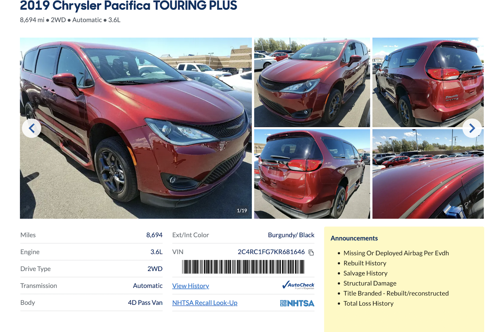 Salvage Title Chrysler Pacifica Wheelchair Van Advertised For Sale