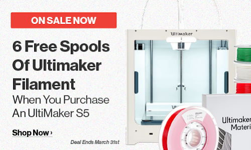 Six free spools of Ultimaker filament when you purchase an UltiMaker S5 3D printer! Shop Now >