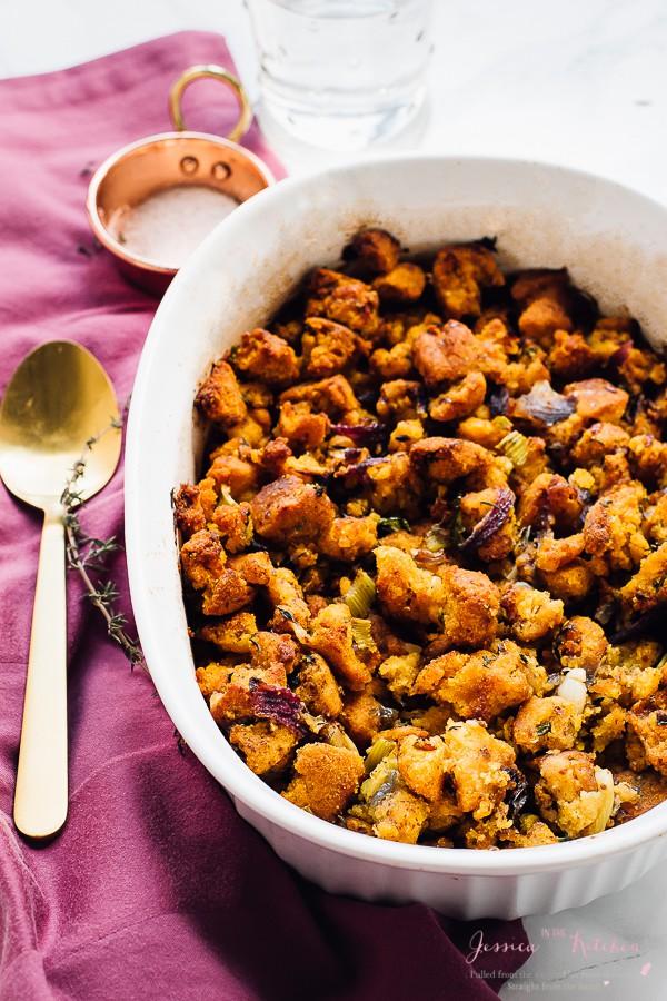 his Gluten Free Cornbread Stuffing will be a star at your Thanksgiving dinner! It's a healthier side dish that is deliciously simple, loaded with lots of flavour and is vegan! via https://jessicainthekitchen.com