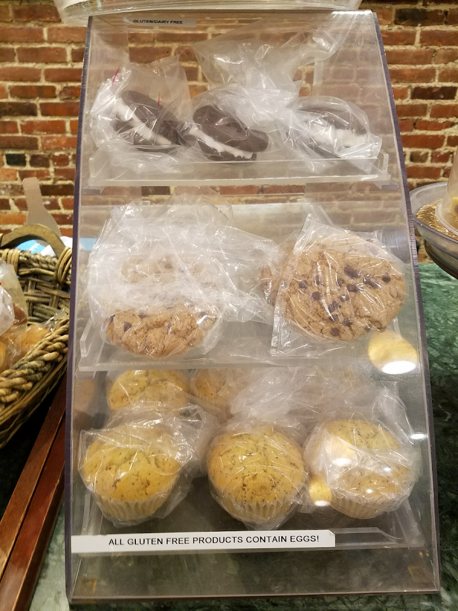 GF whoopie pies, chocolate chip cookies and lemon poppyseed muffins. The muffins are $3.25 each and are very good.