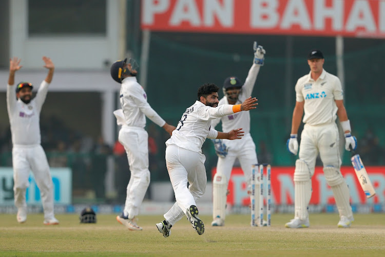 Kyle Jamiesion of New Zealand getting out to Ravindra Jadeja of India late on day five of the first Test at the Green Park International Stadium in Kanpur November 29, 2021 Photo by Saikat Das / Sportzpics for BCCI