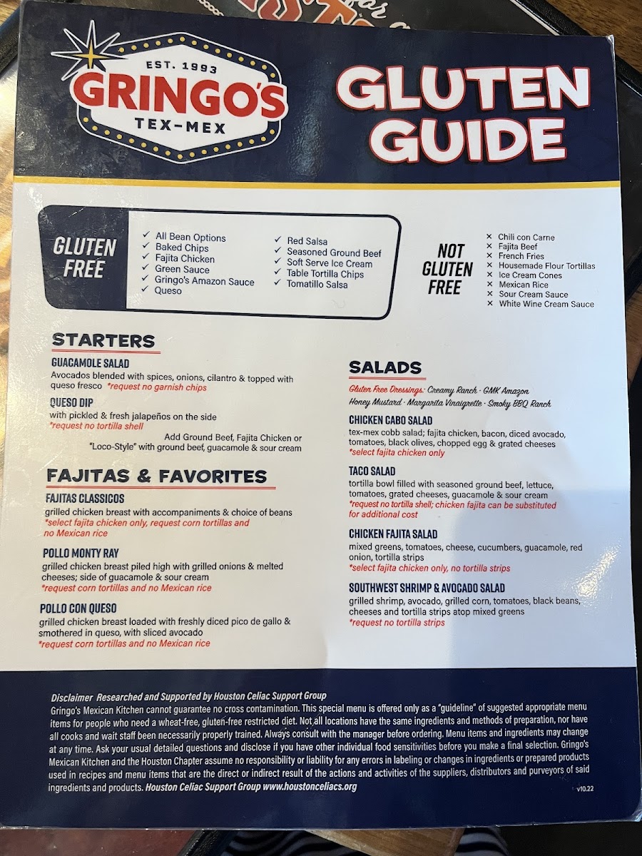 Gringo's Mexican Kitchen gluten-free menu