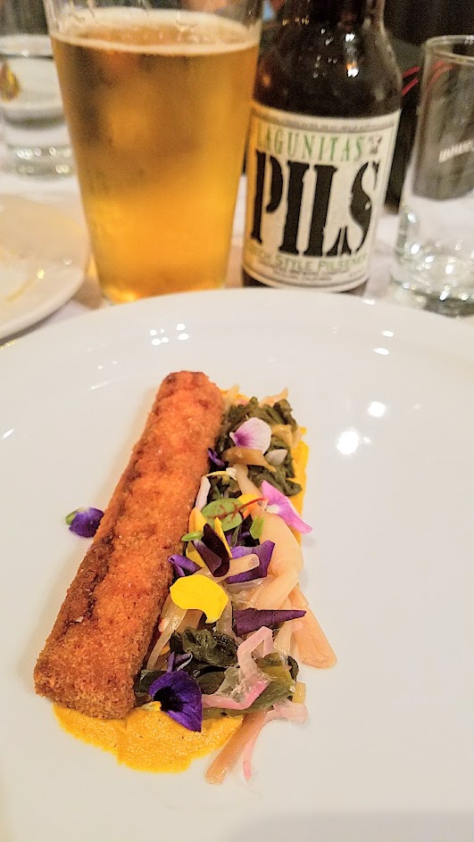 Feast Portland 2016 Twisted Filipino Dinner Abobong Pato: duck adobo croquette, roasted eggplant custard, pickled ramps, chicharron paired with Lagunitas Pils