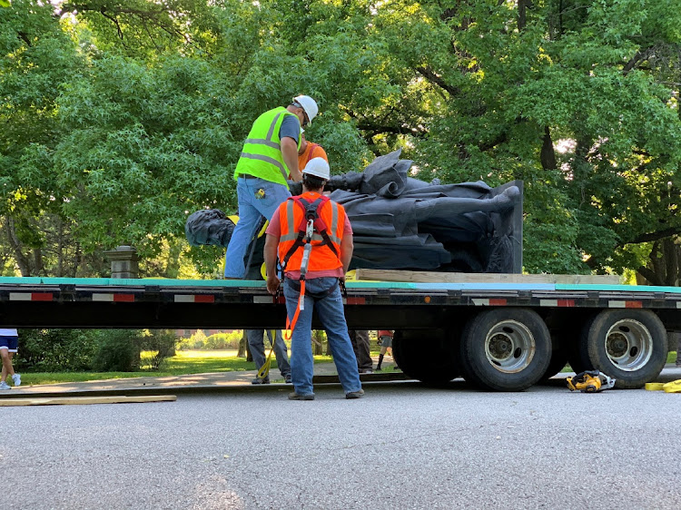 A statue of Christopher Columbus is being removed in Tower Grove Park, St Louis, Missouri, the US, on June 16 2020.
