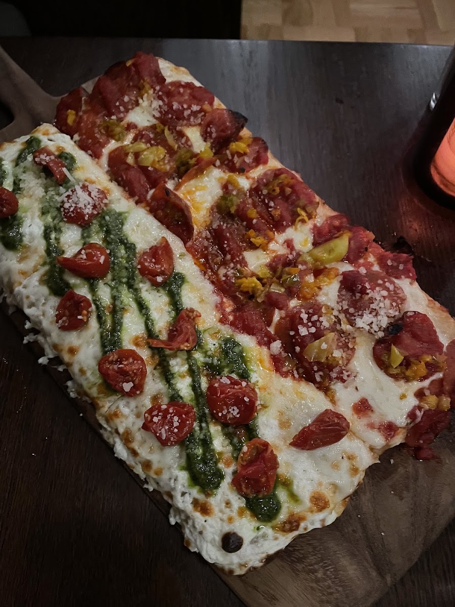 gluten free pizza (half spicy pepperoni, half pesto)