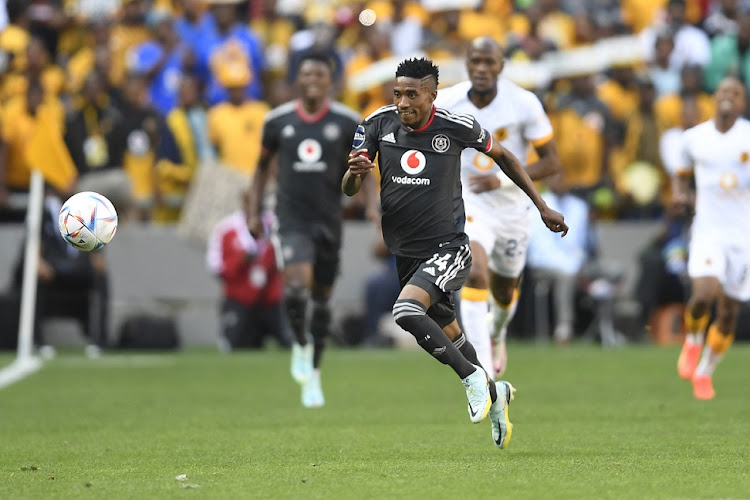 Monnapule Saleng goes on the charge for Orlando Pirates in their DStv Premiership Soweto derby against Kaizer Chiefs at FNB Stadium on October 29 2022. Picture: Lefty Shivambu/Gallo Images