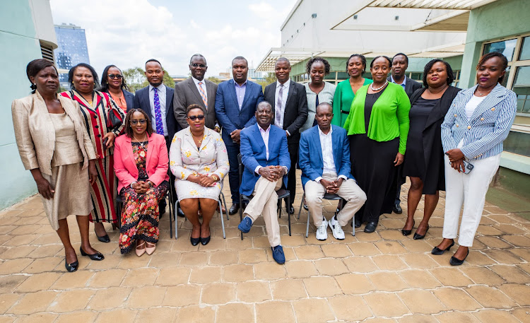 Azimio chief Raila Odinga meets with the Multi-sectoral Working Group on the Two-Thirds Gender rule led by Gender CS Aisha Jumwa at his Capitol Hill office on February 27, 2024