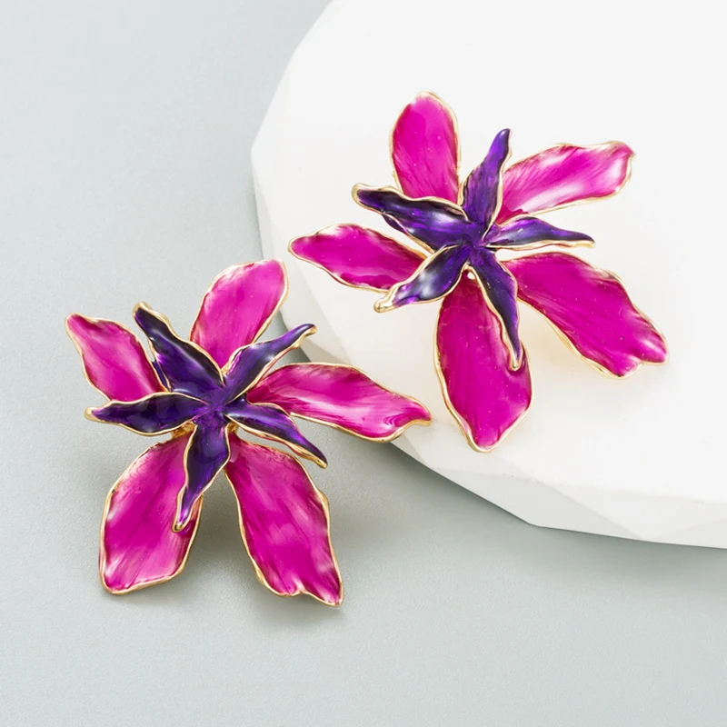 Exaggerated Enamel Drop Oil Iris Tectorum Flower Double-layer Stud Earrings for a bold and elegant statement piece.