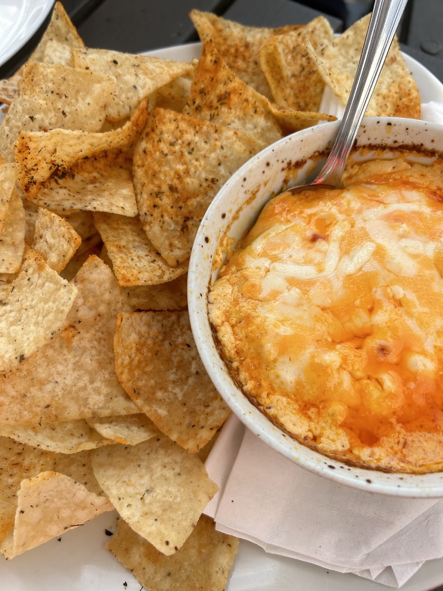 Buffalo Chicken Dip (seasonal menu) is GF - its served with corn chips and pita bread so make sure you ask for only corn chips