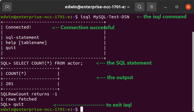 Testing the MySQL DSN using isql.