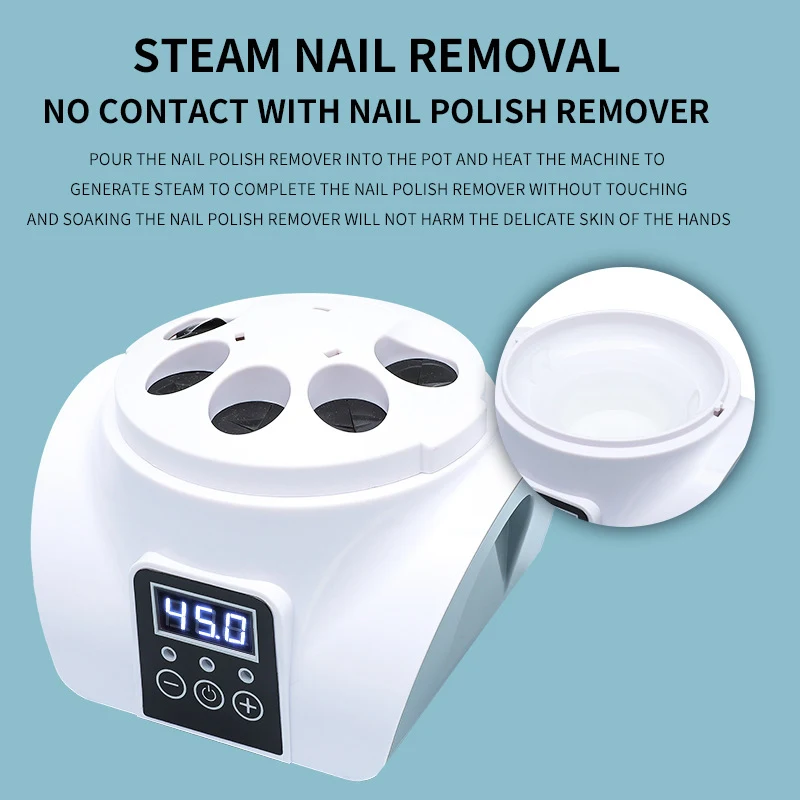 Removedor de Esmalte Eléctrico Inteligente con Vapor. Elimina eficazmente, sin acetona, daña menos las uñas y ahorra tiempo.