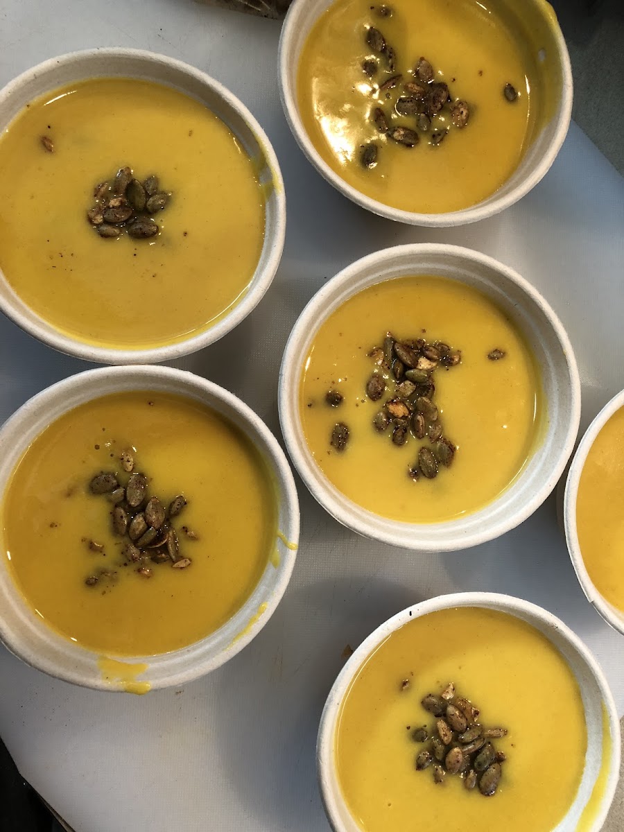 Butternut squash soup with spicy roasted pumpkin seeds