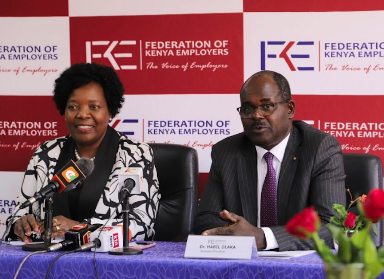 Federation of Kenya Employers executive director and CEO Jacqueline Mugo with the federation's president Habil Olaka/HANDOUT