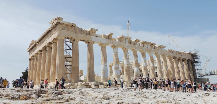 A side view of the Parthenon in Athens, Greece. 