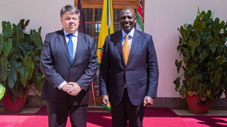 World Meteorological Organisation Secretary General Petteri Taalas with President William Ruto at State House Nairobi on May 4,2023