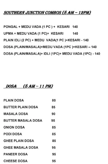 Southern Junction menu 