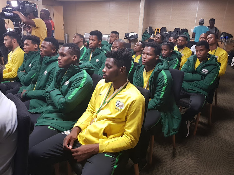 SA Under-23 players focused during a media briefing at OR Tambo upon their return from Egypt.