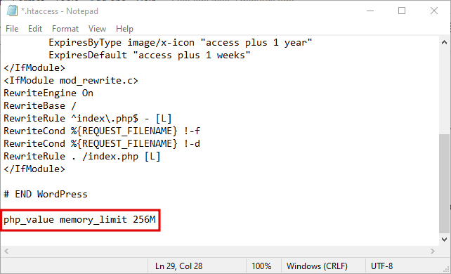 Destaque para a linha de código quanto à definição do limite de memória - adicionado ao final do arquivo .htaccess