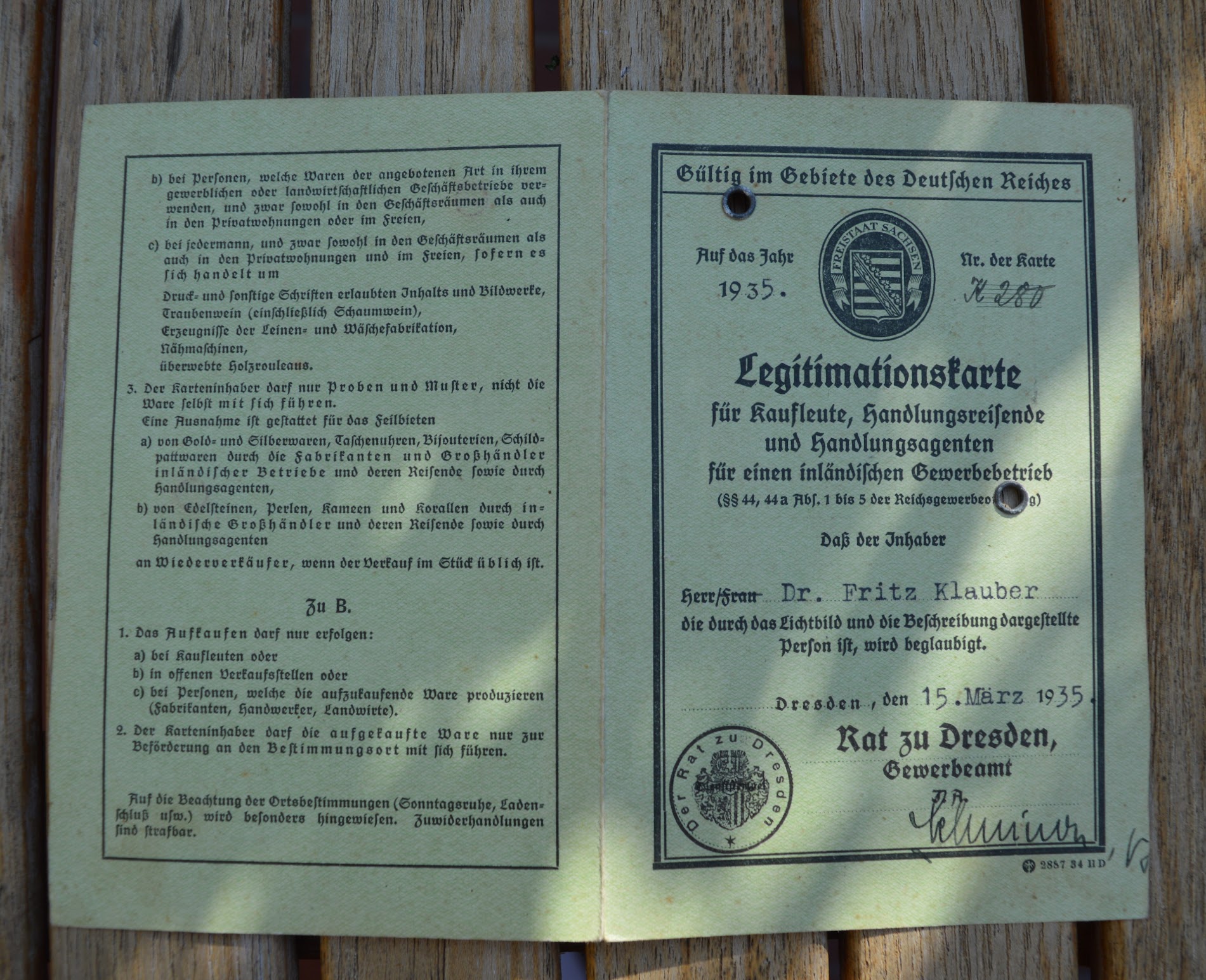 Legitimationskarte Dr. Fritz Klauber - Postkartenverkäufer und Handlungsreisender - 1935