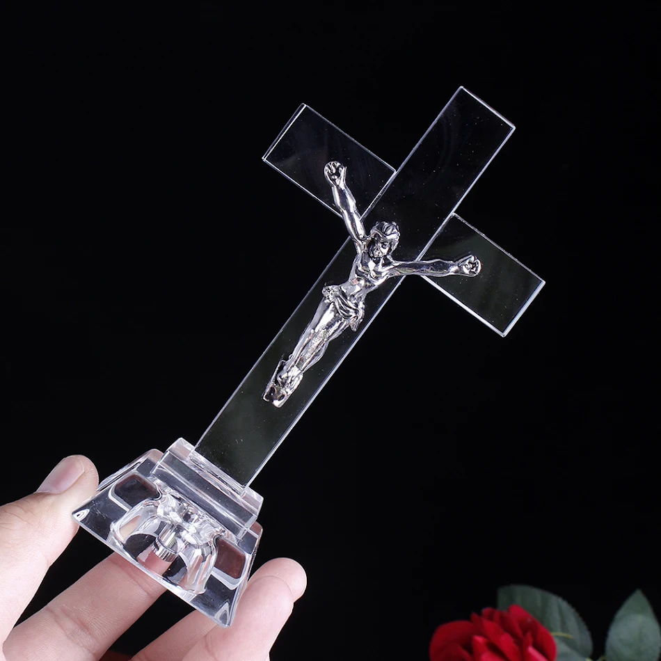 Cadeau Chrétien Veilleuse Cristal Jésus Croix Statue Style Religieux Lumière Douce Décor Foi Maison Sérénité