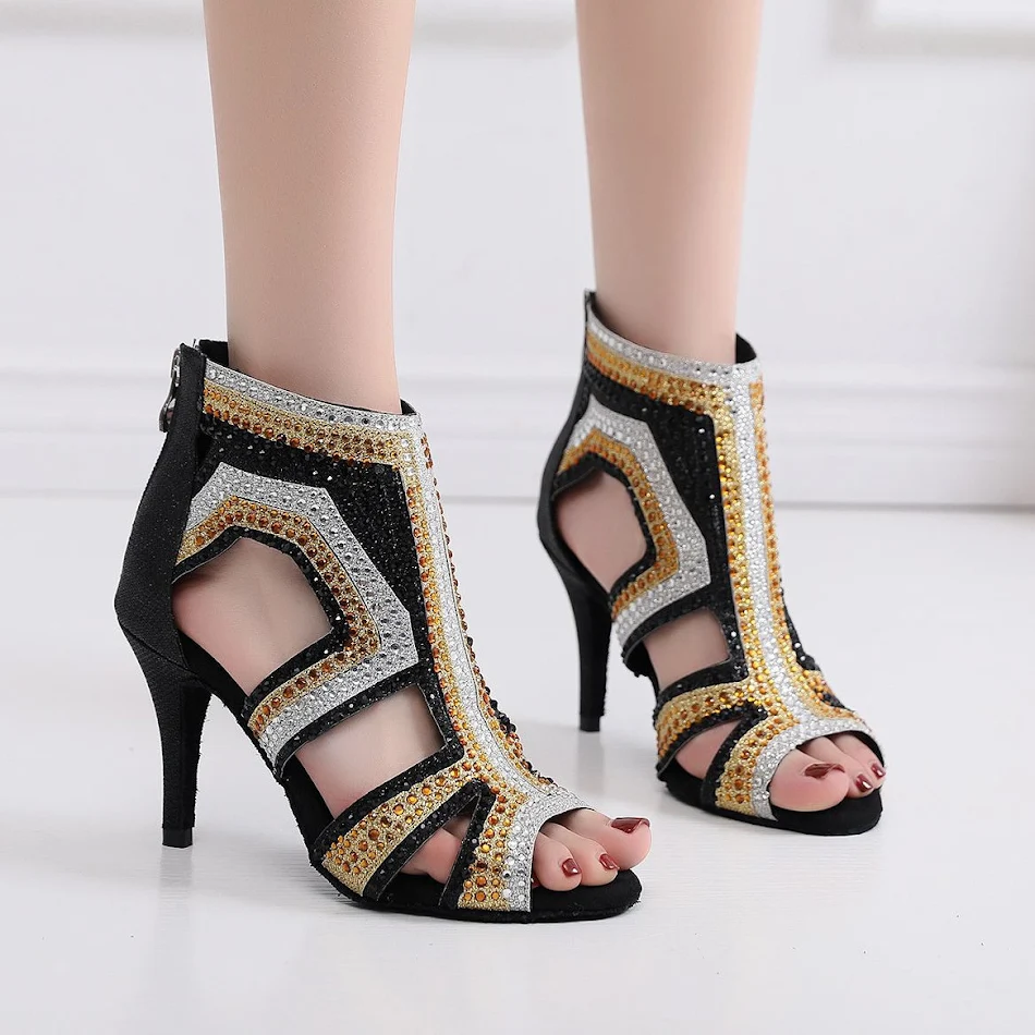 Talons hauts de danse latine à strass pour femmes, parfaits pour danser avec style et élégance, idéaux pour toutes occasions.