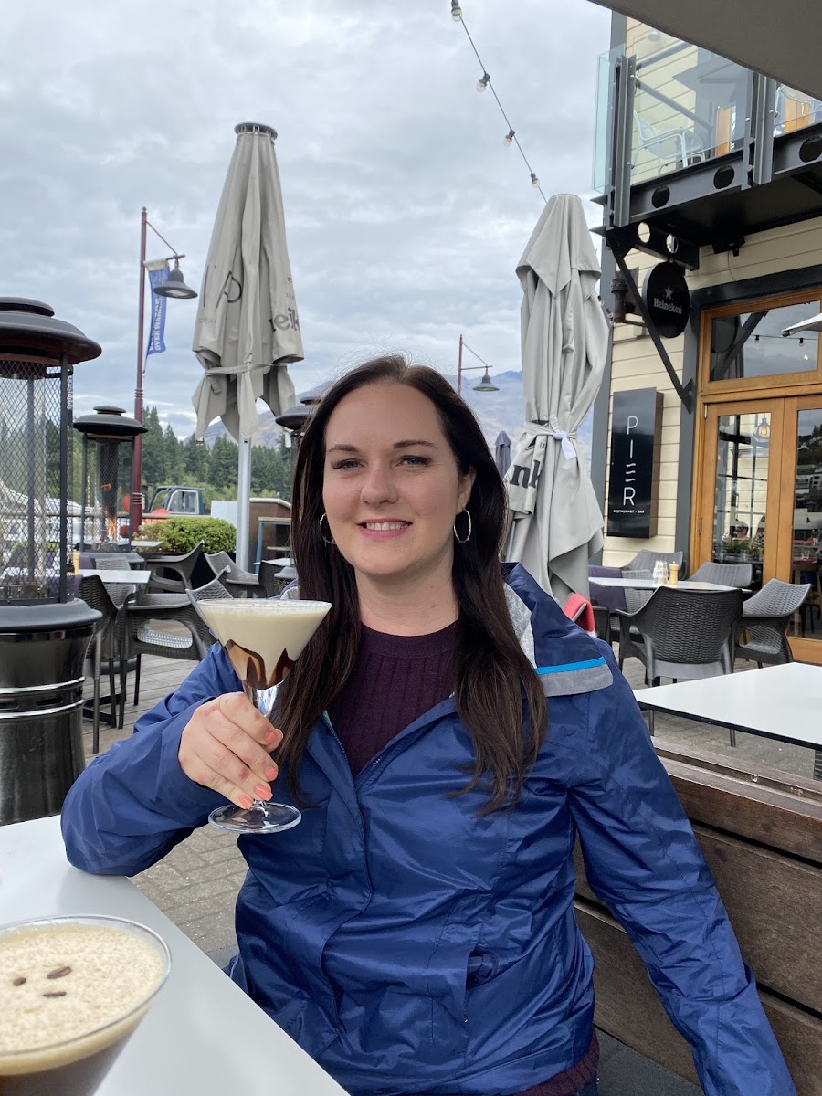 Toblerone chocolate martini on the patio at PIER. Great place to hang out and people watch. It was cool and rainy outside, but we had an umbrella overhead and a heater.