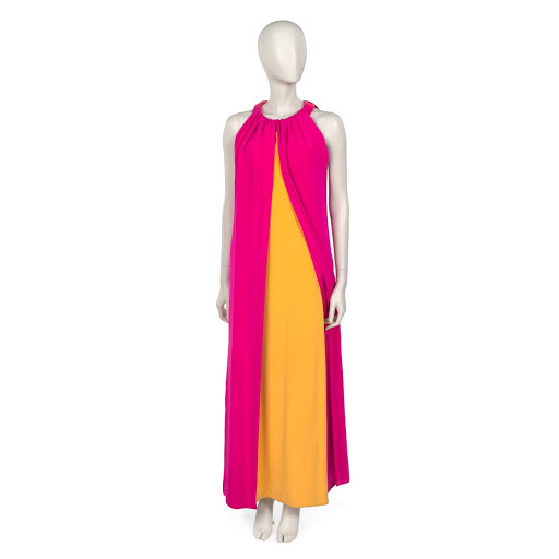 yves saint laurent evening dress of bright pink and lemon yellow silk crepe