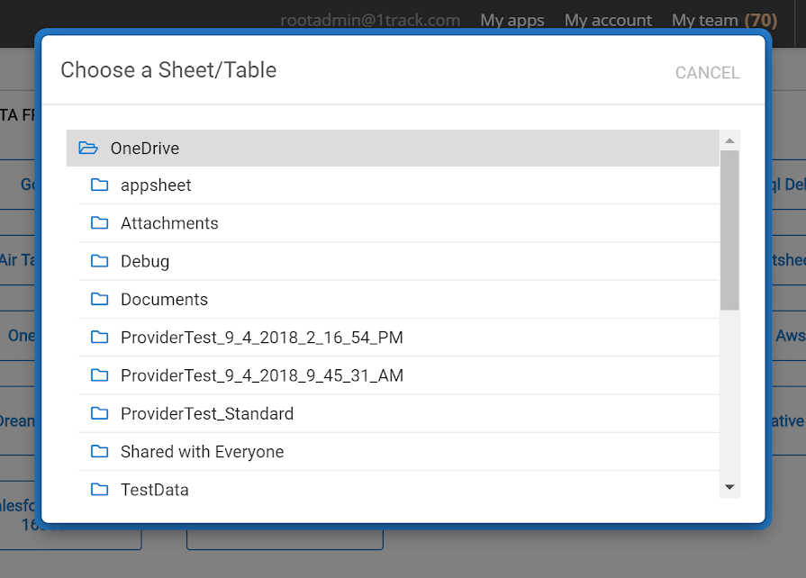 OneDrive が表示されている [Choose a Sheet/Table] ダイアログ