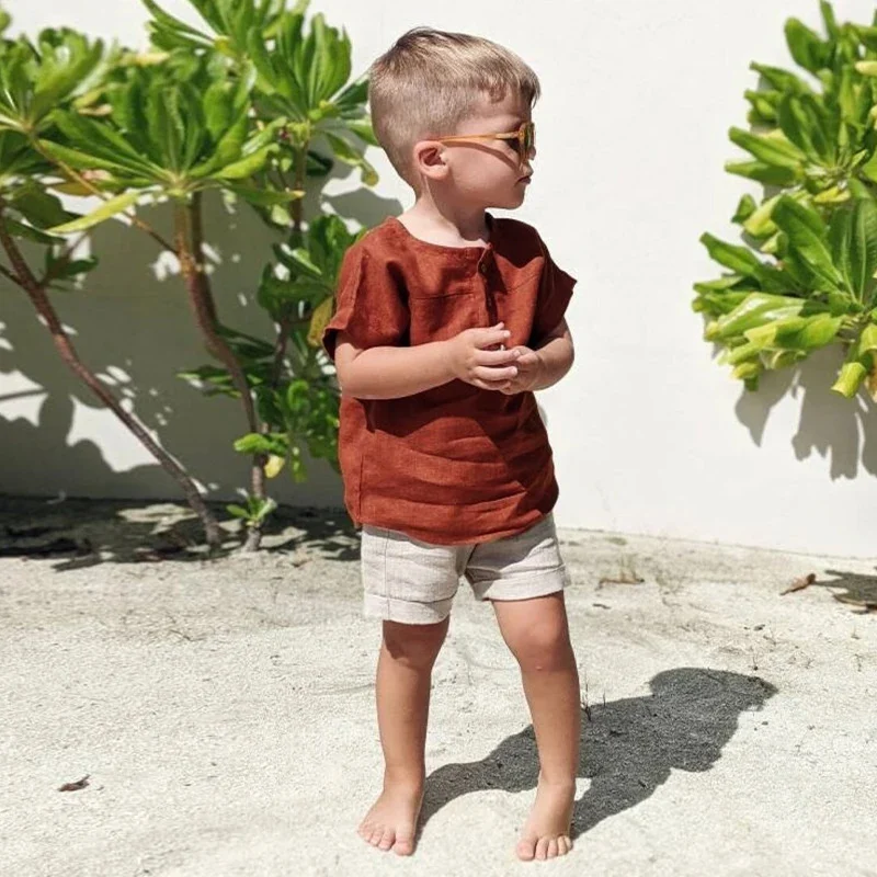 T-shirt estivo 2024 in lino e cotone per bambini, stile Mori, maniche corte, ampio, con bottoni frontali, sottile, per neonati maschi.