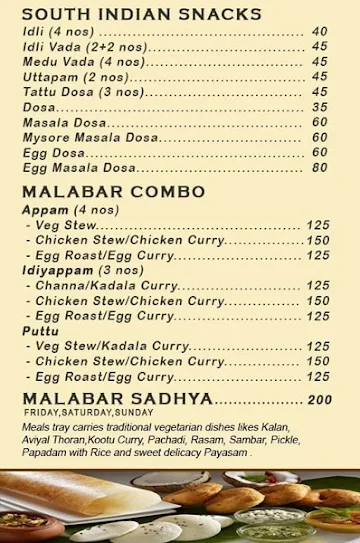 Malabar Treats menu 