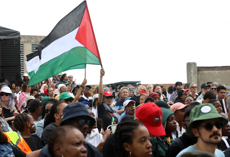 Activists hoisting the Palestinian flag to show solidarity.