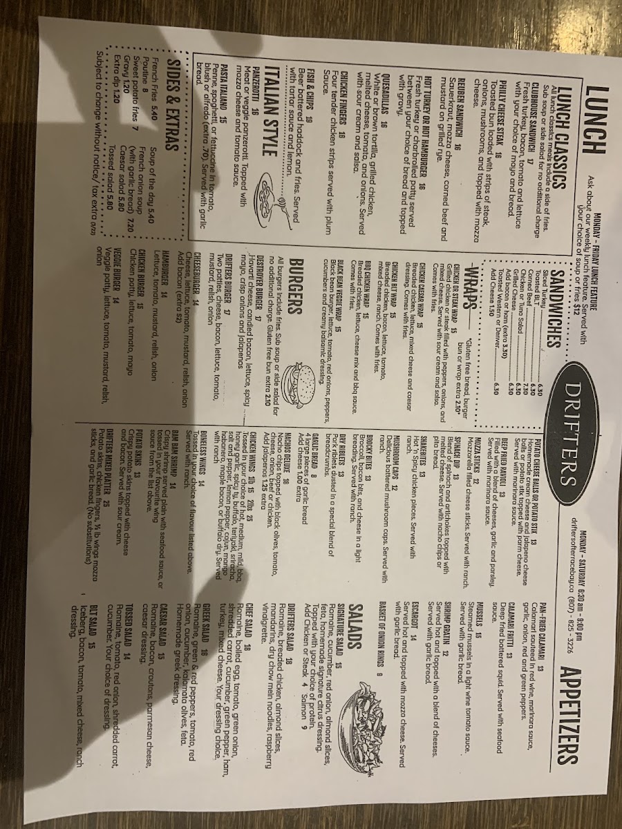 Drifters Restaurant gluten-free menu