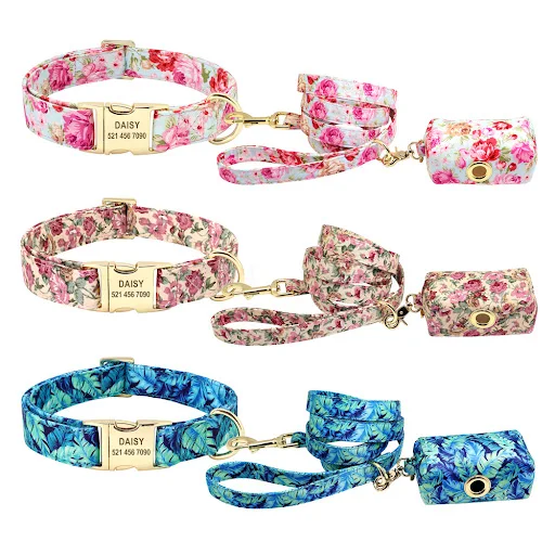 Personalized Dog Collar Leash With Bag Nylon Printed Pet ID Collars Lead Rope Portable Dogs Travel Bag for Snack Whistle