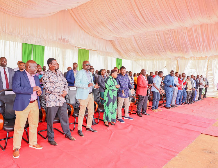 Deputy President Rigathi Gachagua and other leaders during a mass service at St Andrew Kaggwa Catholic Church in Kwanza, Trans Nzoia County on February 11, 2024.