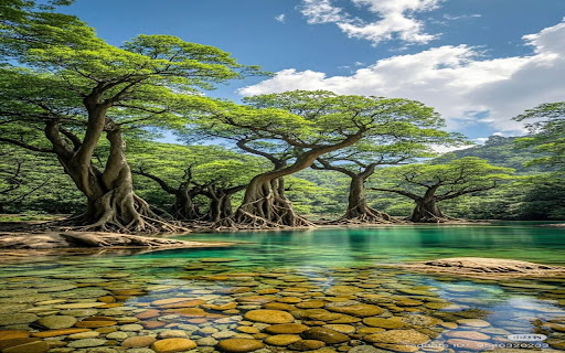 Lake under ancient forest wallpaper screenshot 1