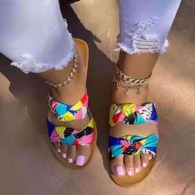 Sandales Plates Bout Noeud Papillon Femme et Claquettes Confortables Chaussures d'Été Élégantes et Décontractées pour Femmes