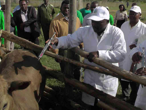 Laikipia governor Joshua Irungu launching a subsidized vaccine drive to livestock farmers in the county./FILE