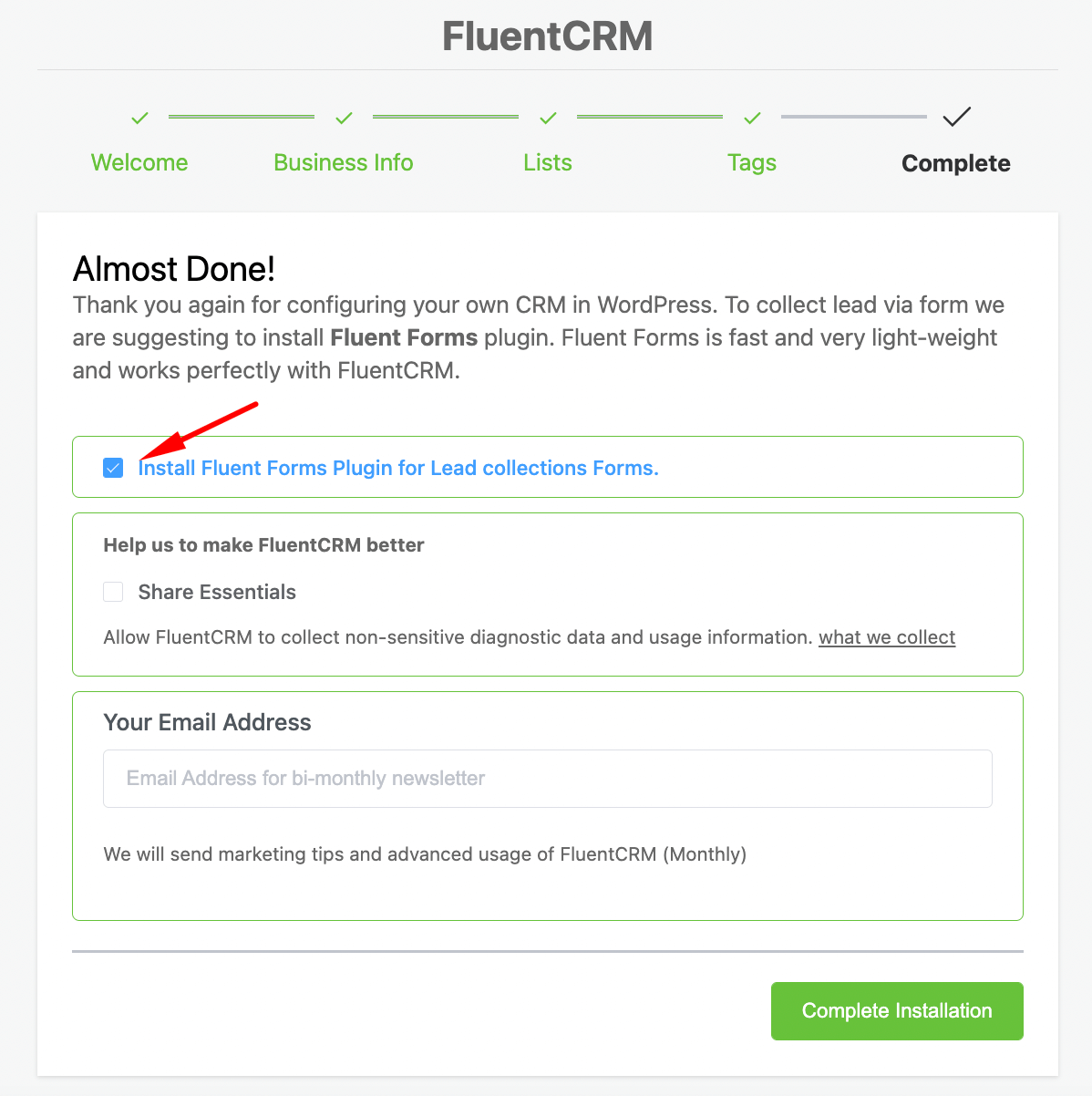 fluent forms installation prompt in fluentcrm