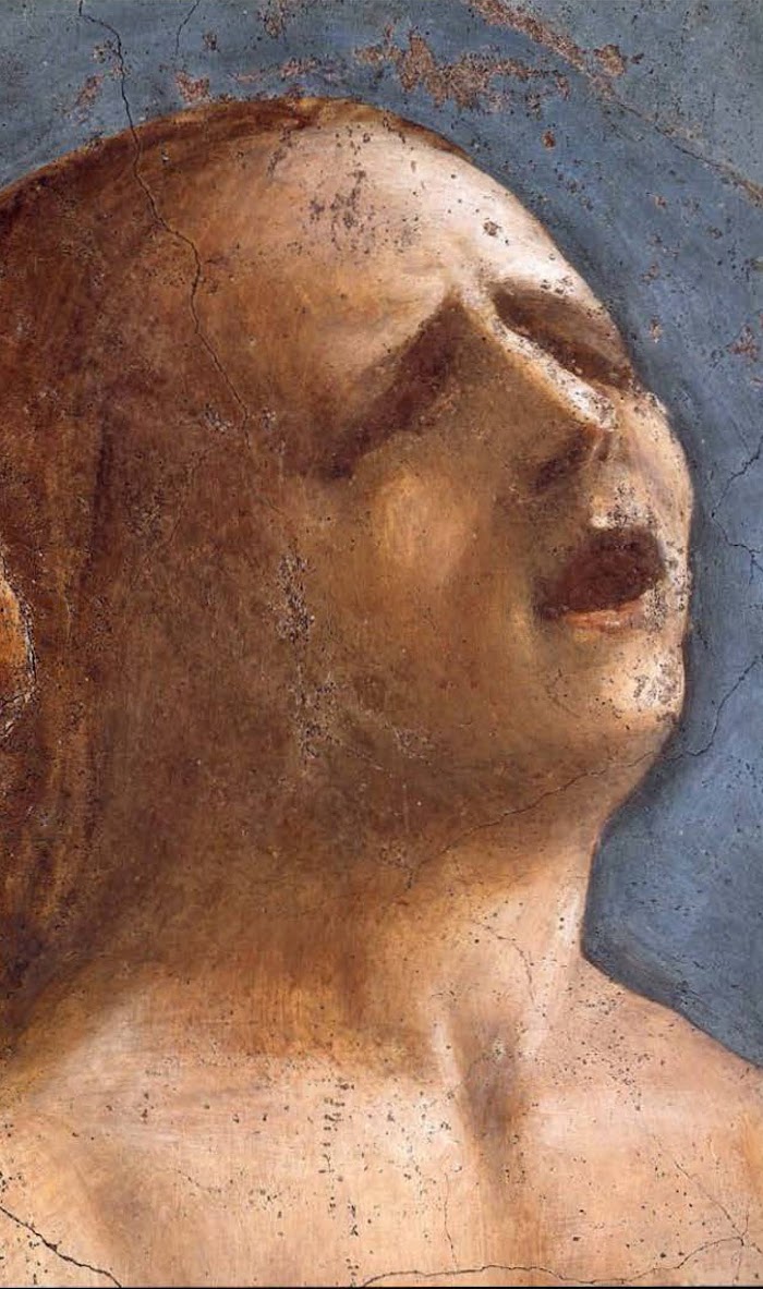 Masaccio, Cacciata dei progenitori dall'Eden, dettaglio della testa di Eva, La Cappella Brancacci, Santa Maria del Carmine, Firenze